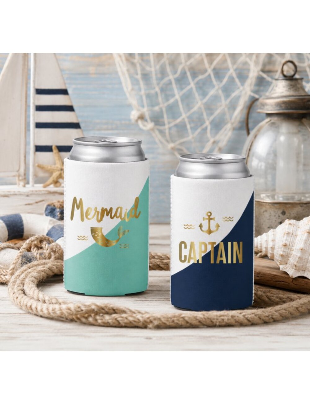 Mermaid & Captain Set of 2 Gold Lettered Aqua Blue Can Koozie Set Cool